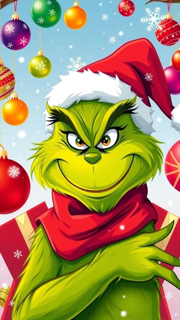 Grinch Christmas wallpaper for laptops with colorful decorations and snowflakes.